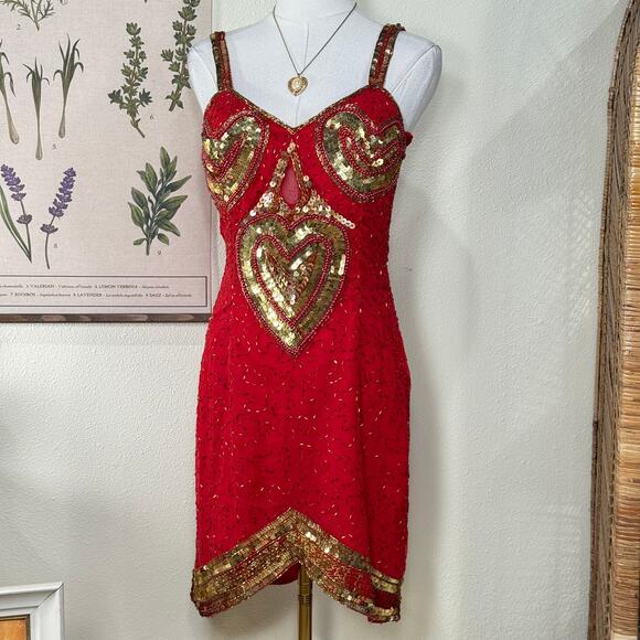 Vintage Dresses & Skirts - Vintage Silk Sequin Beaded Heart Party Dress Showgirl Retro Romantic Sexy 6 S M
